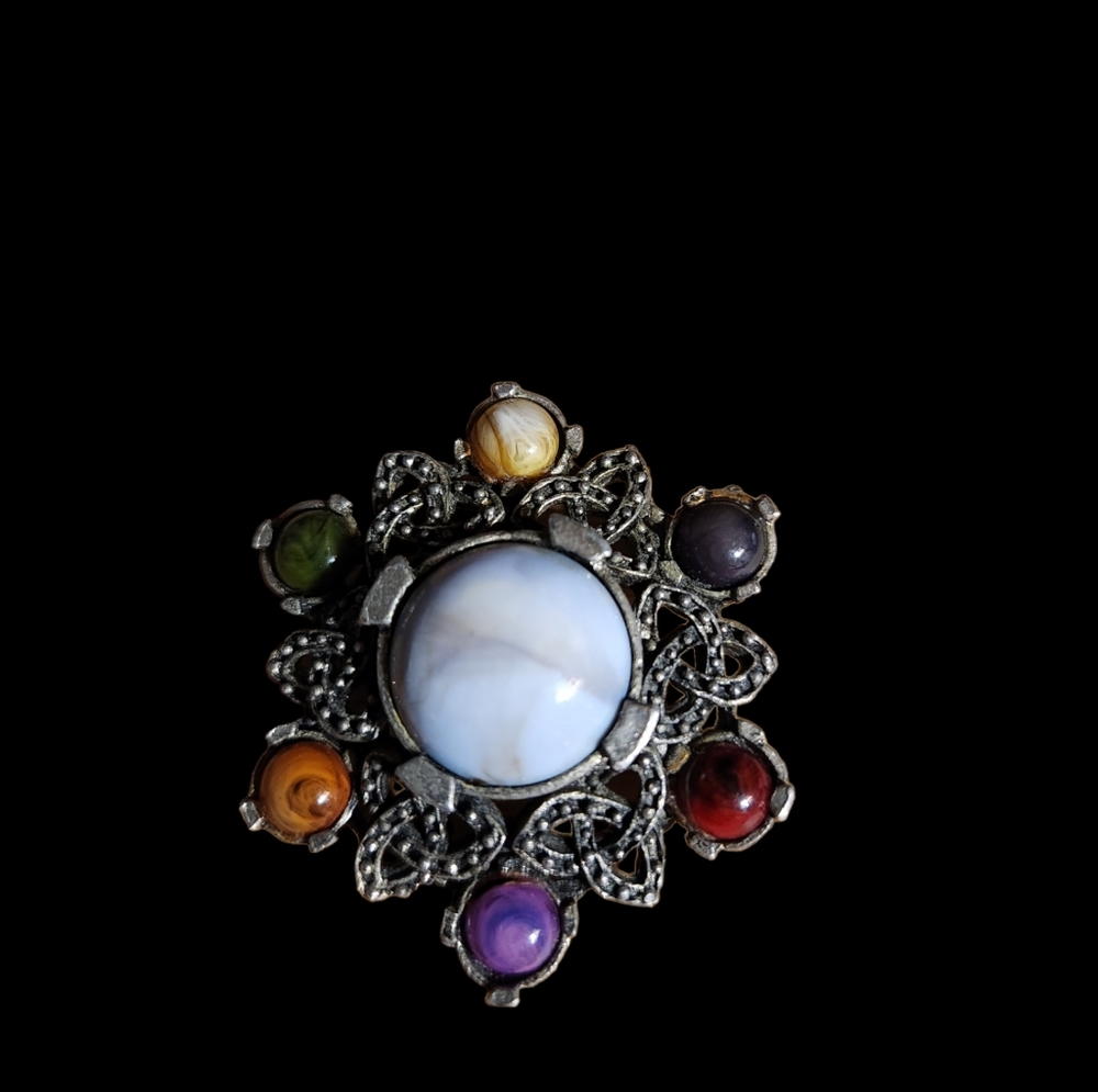 Vintage Celtic brooch. Faux agate Jacobite Celtic knot design. Colourful.